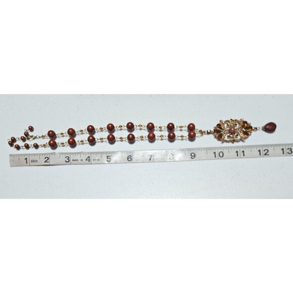 Vintage Elegant Beaded Necklace Gold Tone Pendant Brown Teardrop Charm Jewelry - Picture 6 of 7